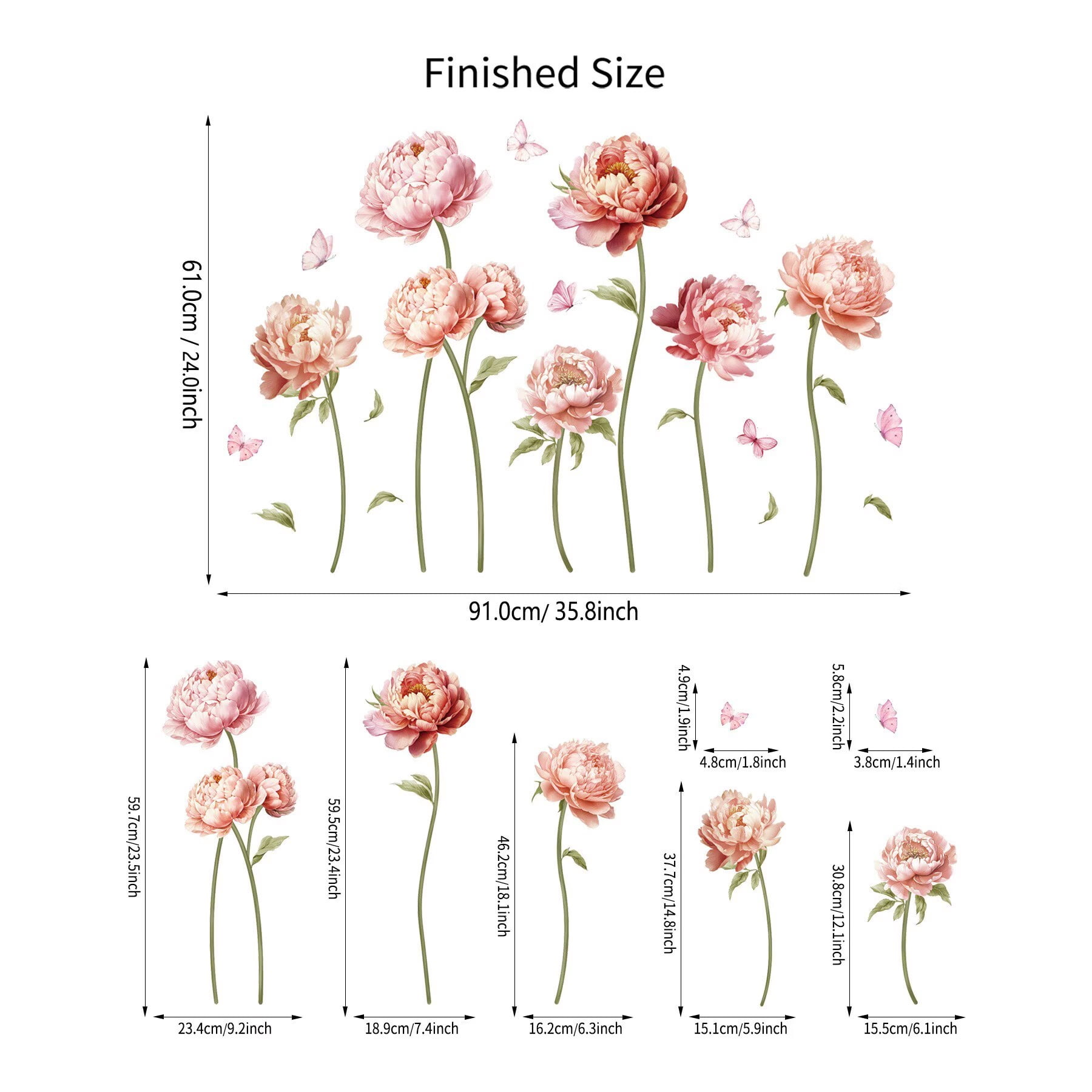 Pink Peony Rose Flower Wall Stickers Boho Floral Transparent sticker Peel and Stick Wall Art Decals for Girls Bedroom Living Room TV Wall Office Wall Decor glass decals
