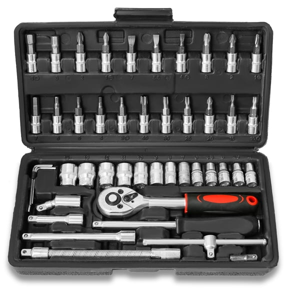 1/4" Drive Socket Set, 46 Pcs Ratchet Wrench Set With Metric CR-V Sockets, Bit Socket, Extension Bars for Auto Repairing and Household