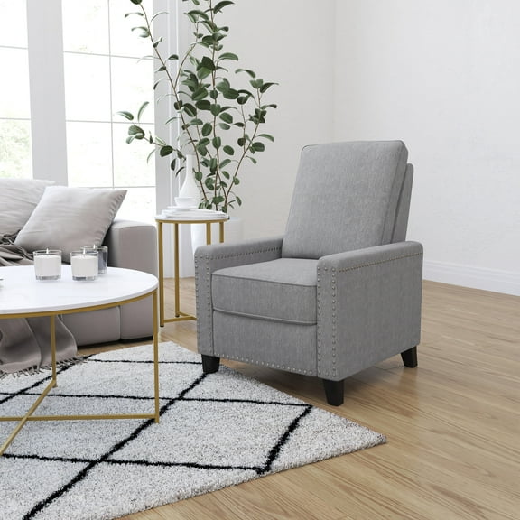 Merrick Lane Transitional Pushback Recliner with Pillow Style Back and Accent Nail Trim - Manual Recliner in Light Gray Fabric Upholstery