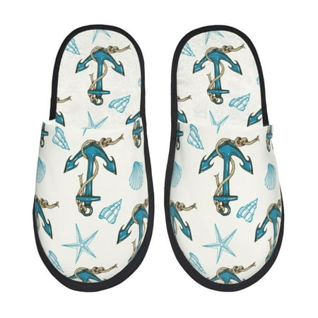 Balery Anchors And Shells Slient Indoor Furry Fleece Comfort House Shoes Soft Non-Slip Home Shoes Cotton slippers House Slippers-- Medium