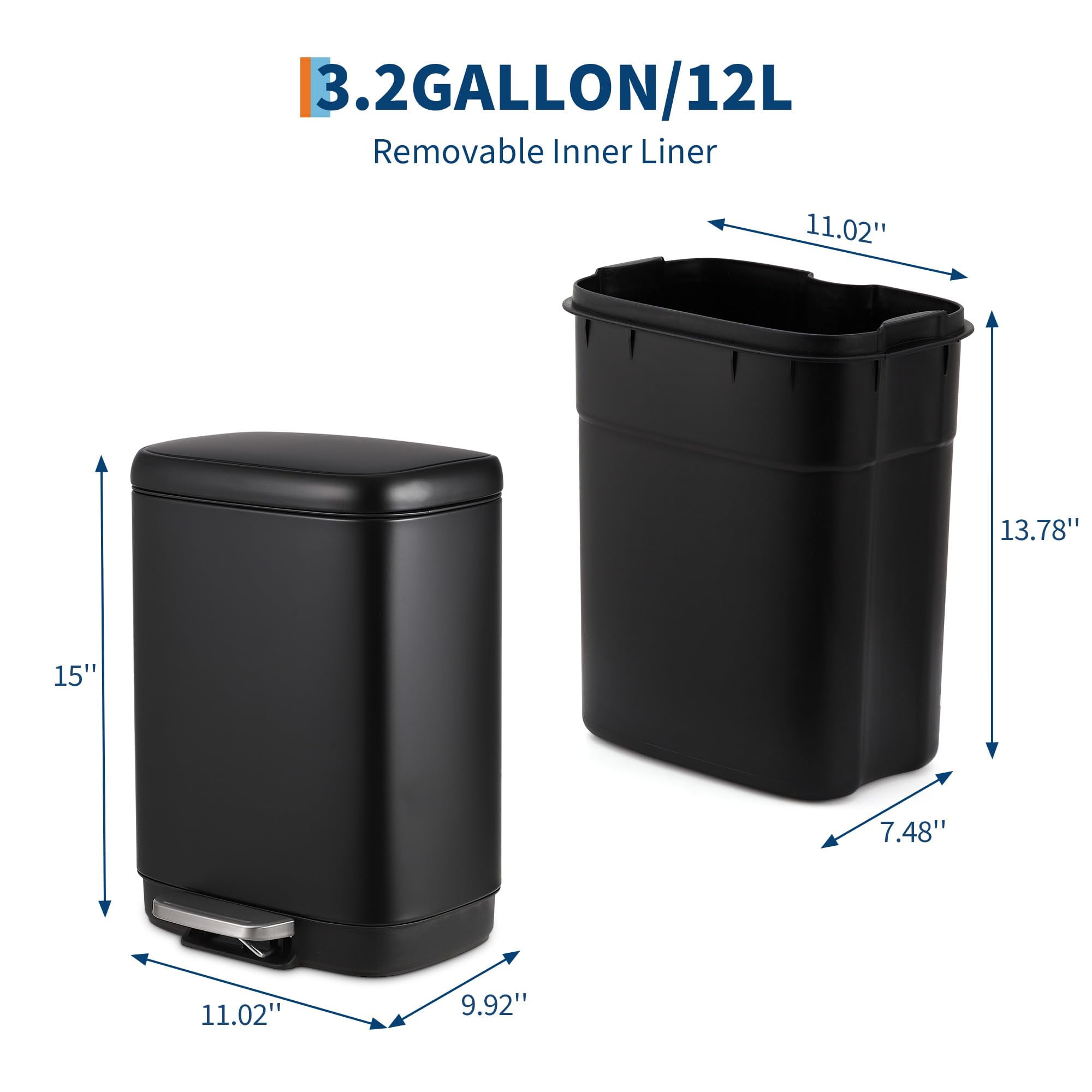 Kselythan Bathroom Trash Can,3.2 Gallon / 12 Liter Stainless Steel Garbage Can,Kitchen Trash Can with Lid,Soft Close Step-On Pedal, Fingerprint-Resistant Finish for Kitchen or Bathroom