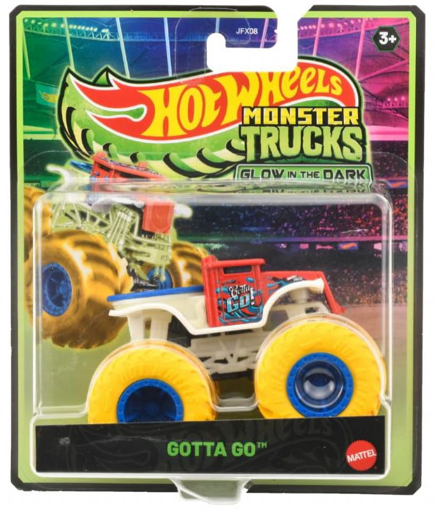 Hot Wheels Monster Trucks Glow in The Dark Collection, Skelesaurus Night Shifter Gotta Go, Die-Cast Vehicle Set, Ages 3+ JFX08