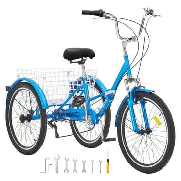 KFFKFF Collapsible Adult Three-Wheeler, 24-Inch 7-Gear Adult Collapsible Three-Wheelers, Carbon Steel Tri-Wheel Bicycle with Basket & Adjustable Saddle, Shopping Picnic Collapsible Tricycles (Blue)
