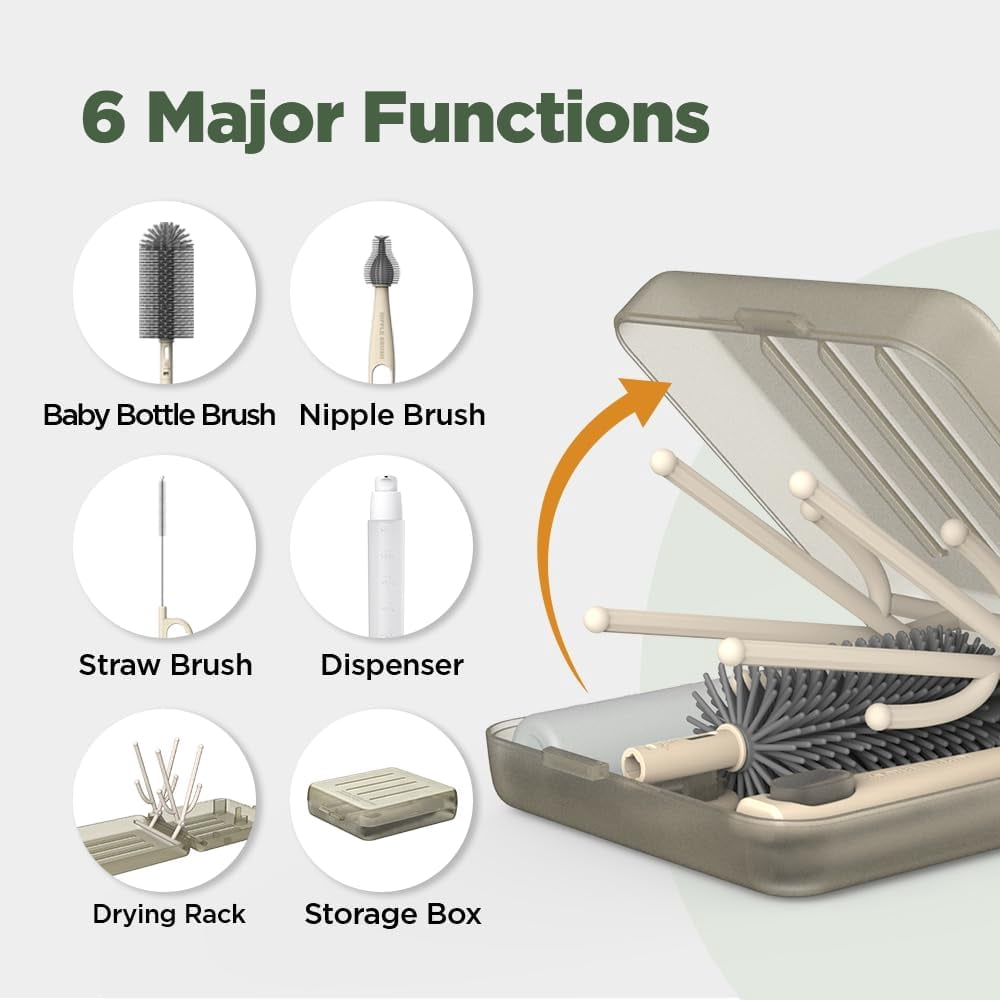 Travel Bottle Brush, Travel Essential Bottle Cleaner Kit with Silicone Bottle Brush, Nipple Cleaner Brush, Straw Brush, Soap Dispenser, Storage Box, Bottle Drying Rack for Home and Travel(Coffee)