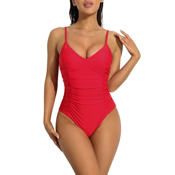 BeautyIn Womens One Piece Swimsuit V Neck Ruched Tummy Control Monokini  Swimwear