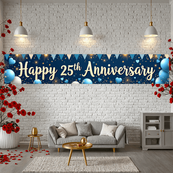 Decorative Design Anniversary Banner Sparkling Stars Celebration Banner Heart Balloon Design Party Backdrop for Wedding Celebration Event Decoration Party Background