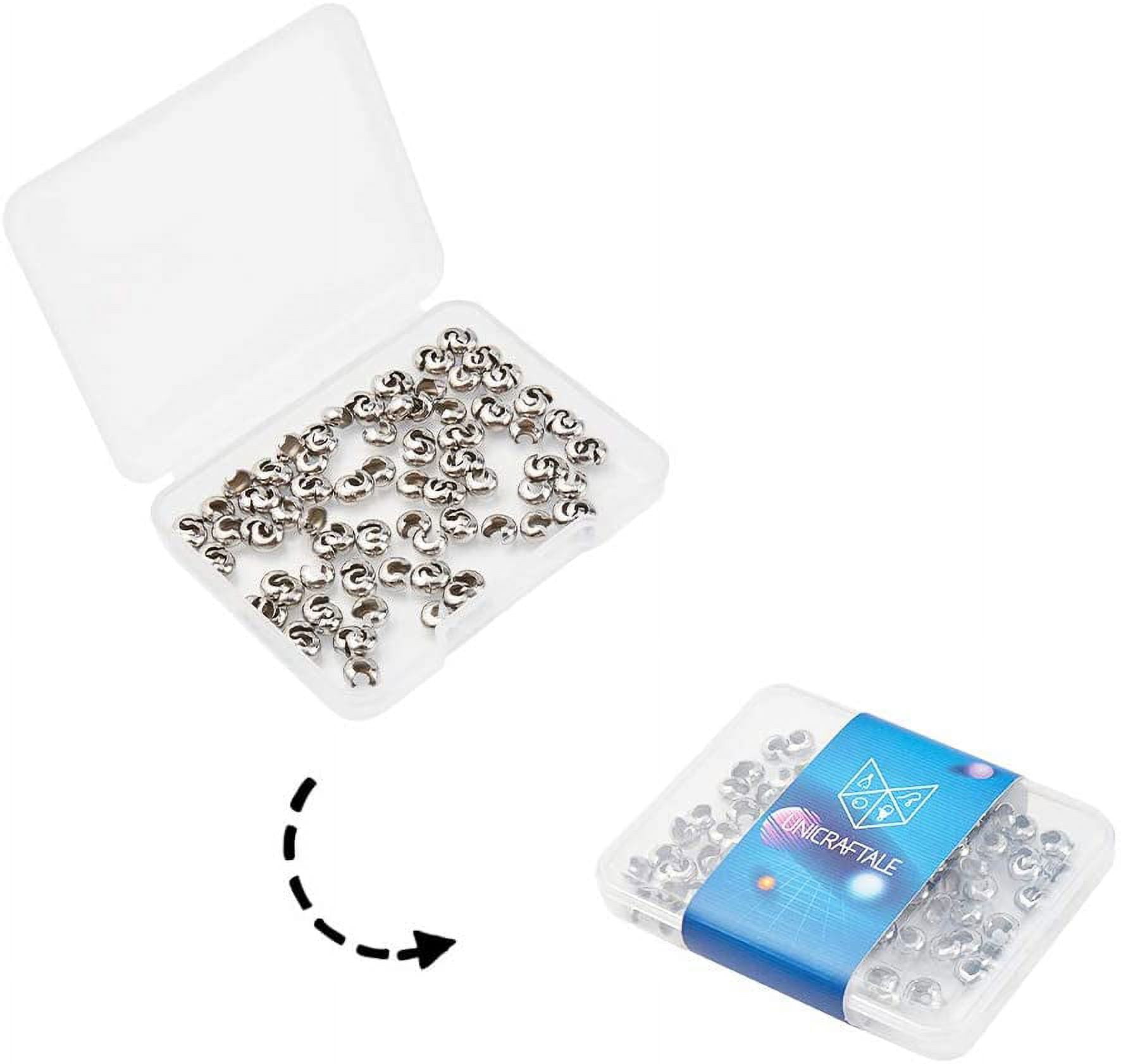 100pcs 3 mm Stainless Steel Crimp Bead Knot Covers Half Round Open Crimp  Beads Cover Clamp End Cap Tips with A Plastic Box for DIY Crafts Jewelry
