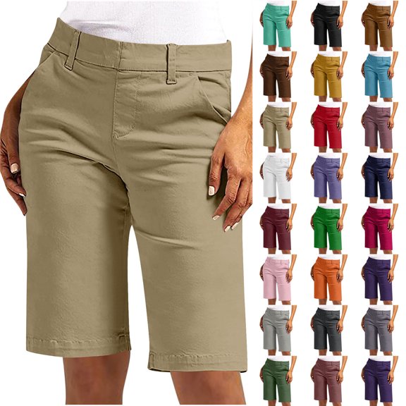 Simua Plus Size Women's Summer Shorts Casual Twill Solid Color Pull-On Straight Leg Bermuda Short with Pockets