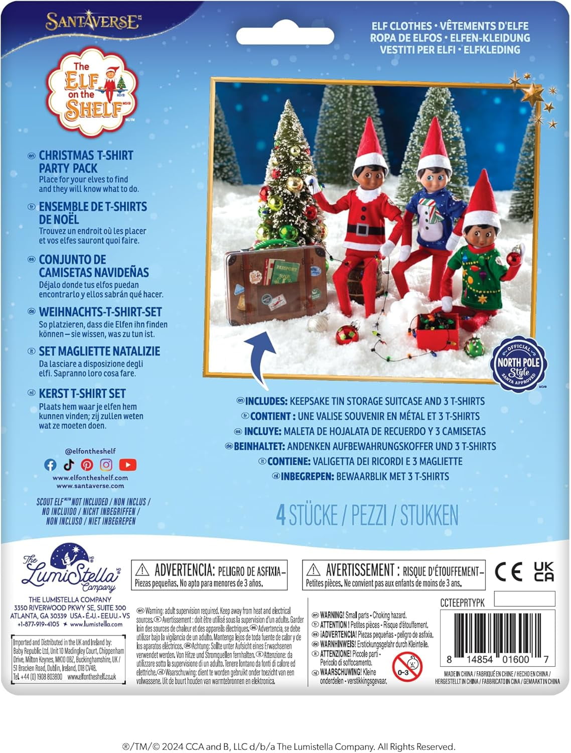 The Elf on the Shelf Claus Couture Christmas Party T-Shirts for Your Scout Elf - Includes Three Christmas Themed tees with Collectible tin Suitcase