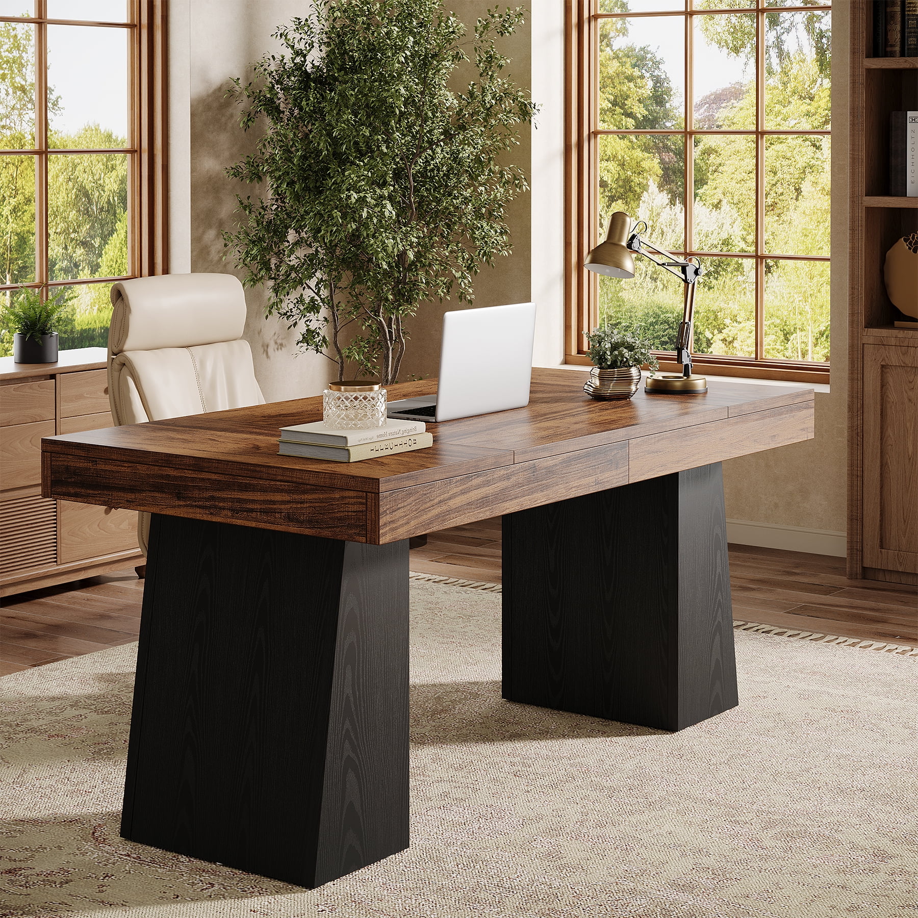 Fimind 55" Executive Desk, Mid-Century Modern Wood Office Desk, Black & Brown Computer Table Workstation, Home Office Writing Desk or Small Conference Table