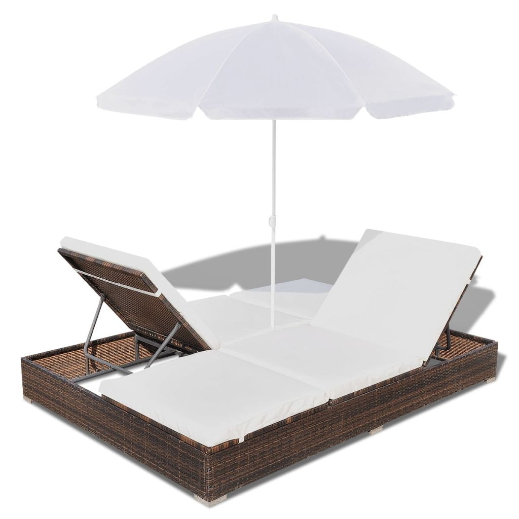 Kepooman Outdoor Poly 2-Seat Adjustable Rattan Lounge Bed with Parasol for Patio Beach, Brown Kepooman Outdoor Poly 2-Seat Adjustable Rattan Lounge Bed with Parasol for Patio Beach, Brown