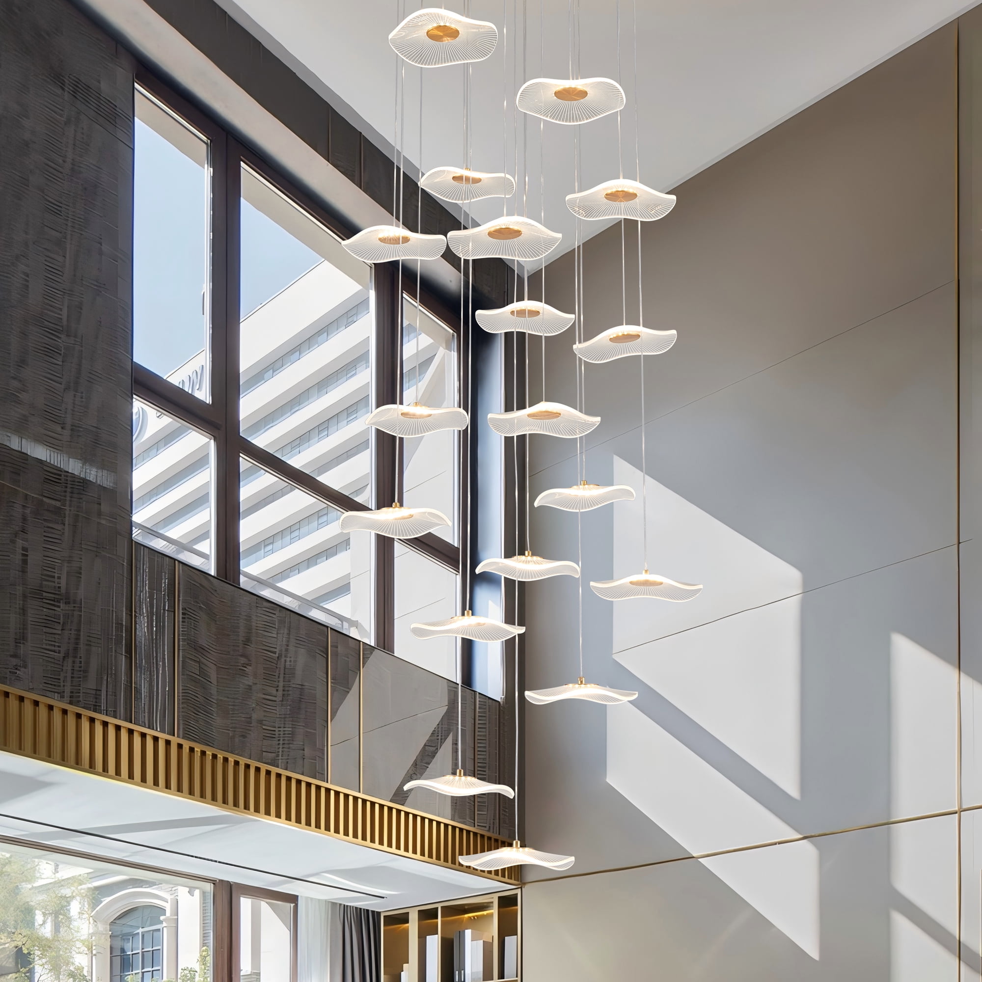 Modern Spiral Lotus Leaf Chandelier - Dimmable 18-Light LED Pendant with Remote for High Ceilings