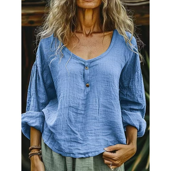 Blue Women's Long Sleeve T-shirt, Women'S Spring New Women'S Clothing Casual Loose Fashion Long Sleeve Cotton Linen Solid Color Door Bottle Round Neck Shirt Long Sleeve T Shirt,Women's Long sleeve T-s