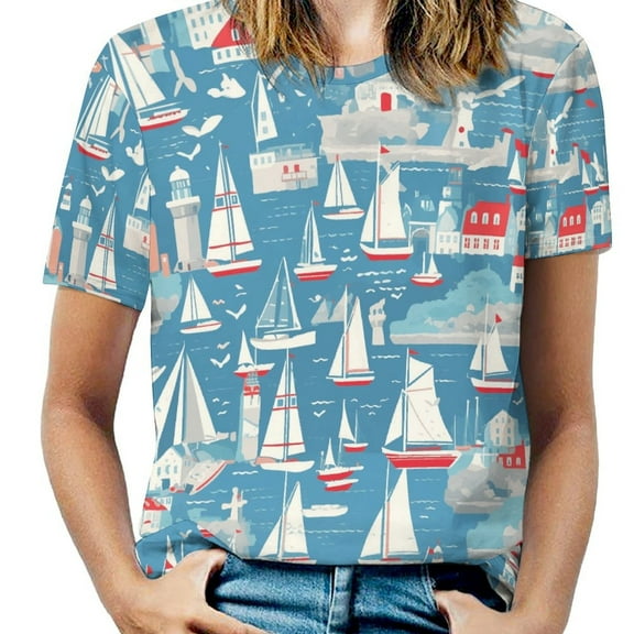 Coastal Sailboats Pattern Women's Short Sleeve T-Shirt Crew Neck Casual Summer Trendy Loose Fit Tops