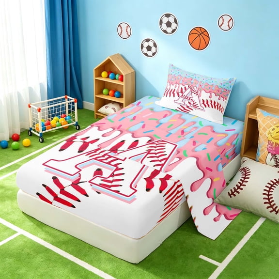 Manfei Girls Baseball Twin Sheets, Cute Monogrammed A Bedding, Pink Light Blue A 3 Pieces(1 Flat Sheet, 1 Fitted Sheet and 1 Pillowcase)