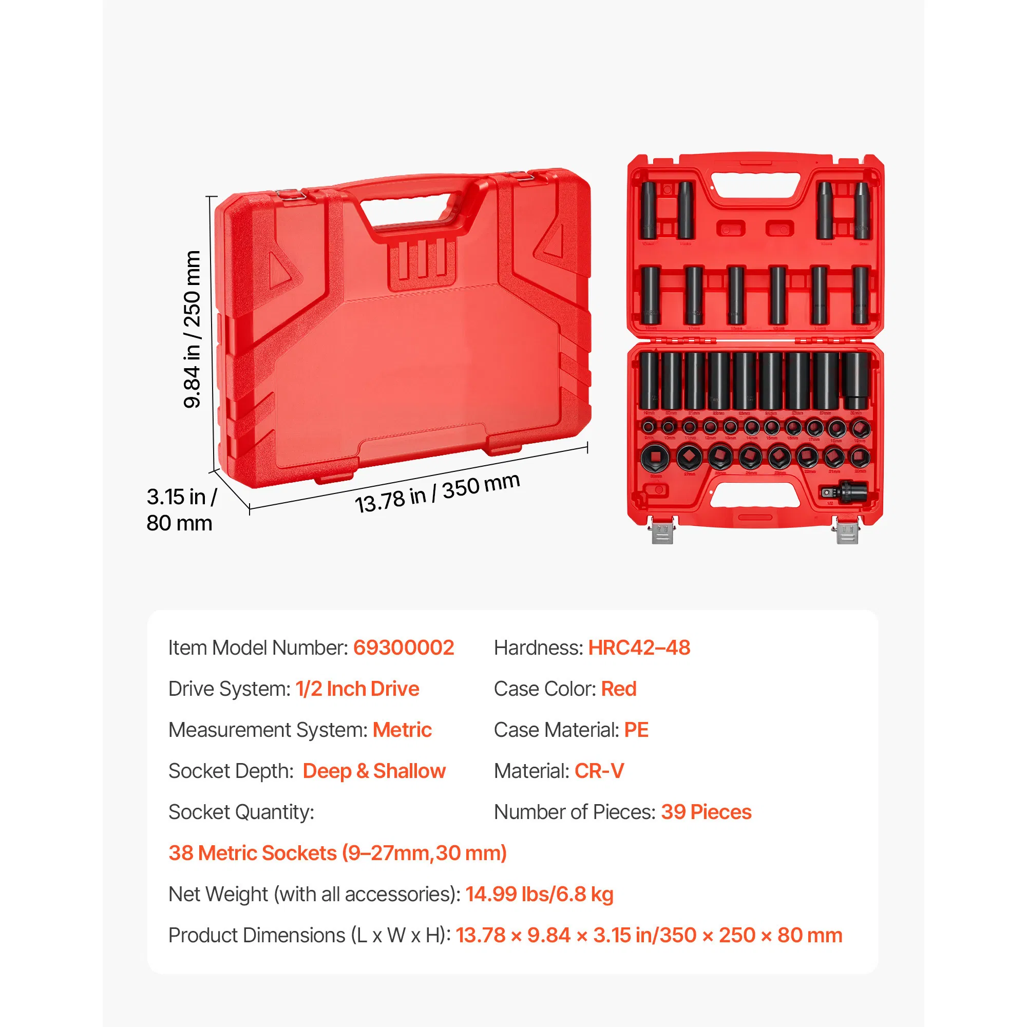 39-Piece 1/2 Inch Drive Impact Socket Set with Metric 9-30mm Deep and Shallow Sockets,Durable Cr-V Steel Construction and Heavy-Duty Case