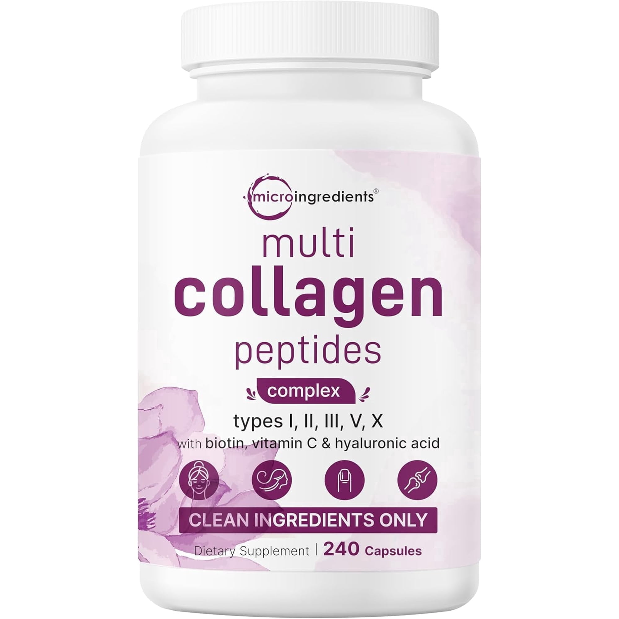 Micro Ingredients Multi Collagen Pills for Women & Men, 240 Capsules | Type I, II, III, V, X | Hydrolyzed Peptides with Biotin, Hyaluronic Acid, & Fat Soluble Vitamin C Complex