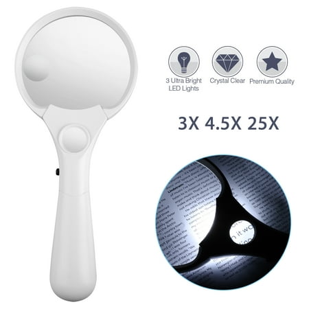 Magnifying Glass with Light,  25X High Power Handheld Large Magnifying Glass, 3 LED Lighted Magnifier for Exploring, Soldering, Macular Degeneration, Seniors Reading, Inspection, Coins,