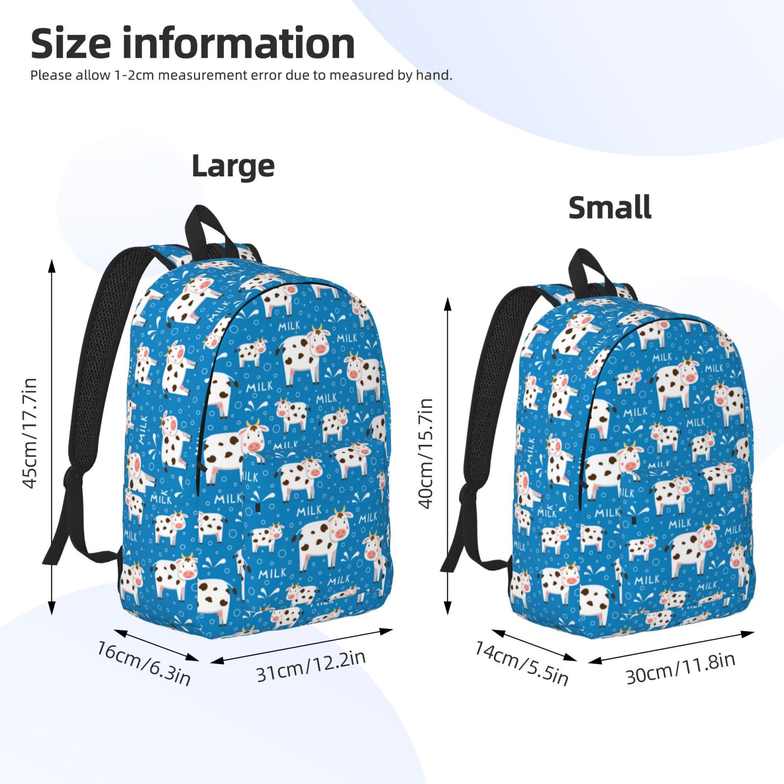 Picia Cows Milk Printed Canvas Daypack - Stylish and Durable Vintage Compact Backpack - Class, Work, Travel, or Laptop Bookbag,Organized Compartments-Small