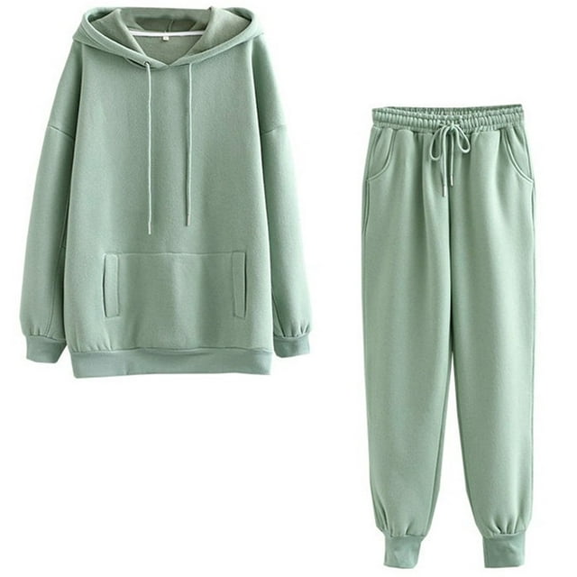Women Solid Color Sets Hood Wear Lounge Wear Suit Sport Set Tops+Pants