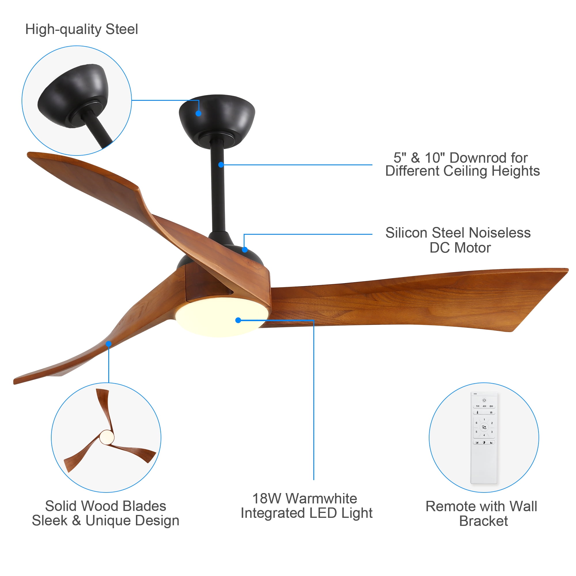 Miniyam 52 Inch Ceiling Fan with Lights & Remote Control, Reversible and Silent DC motor Perfect for Bedroom, Living Room, Brown