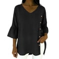 thumbnail image 2 of Hilenly 3/4 Bell Sleeve Tops for Women Side Button Cotton Linen Shirts V Neck Blouse, 2 of 10