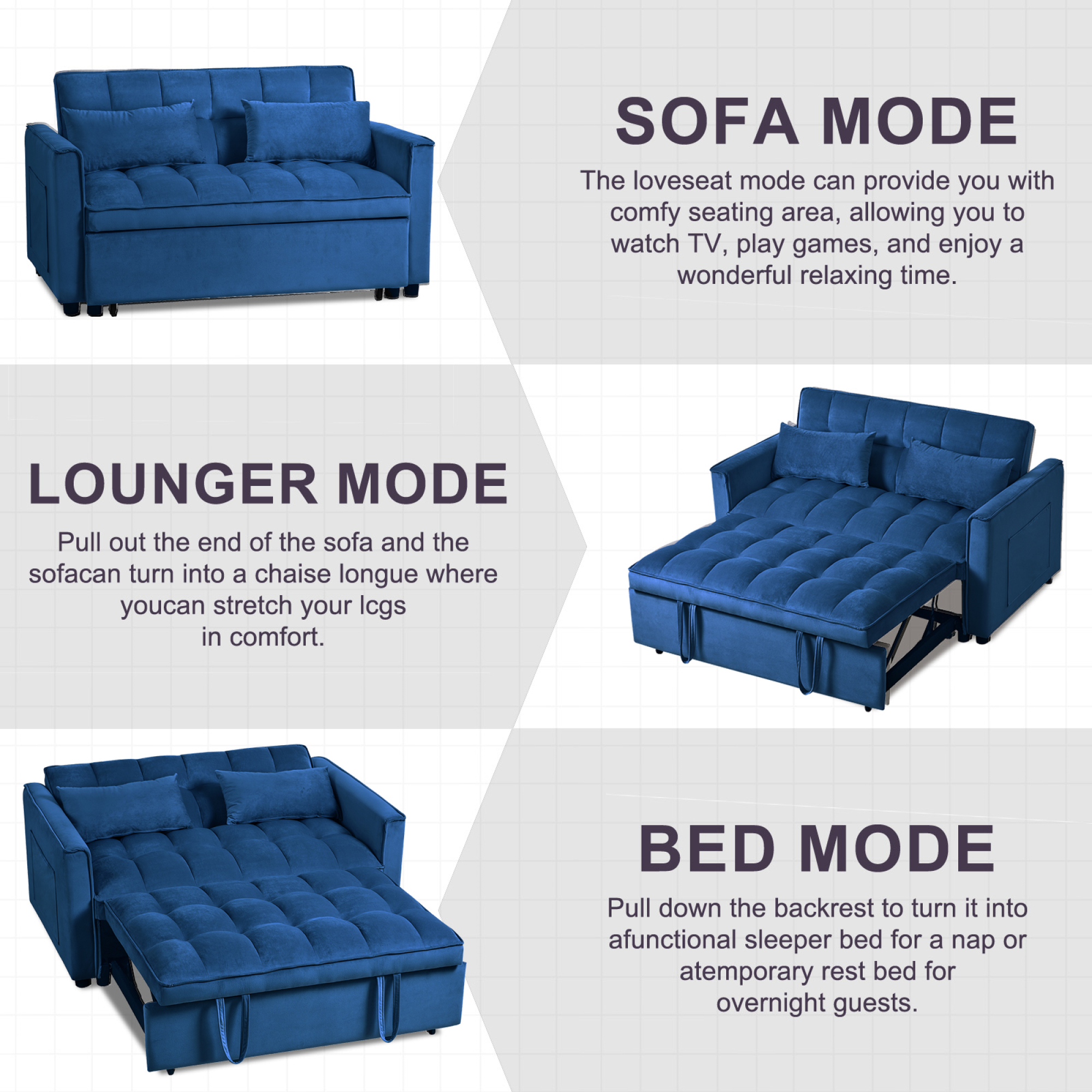 Convertible Sofa Bed,3-in-1 Sleeper Sofa with Pull Out Bed,Sleeper Futon Couch Loveseat with Adjsutable Backrest and Pillows for Living Room,Blue