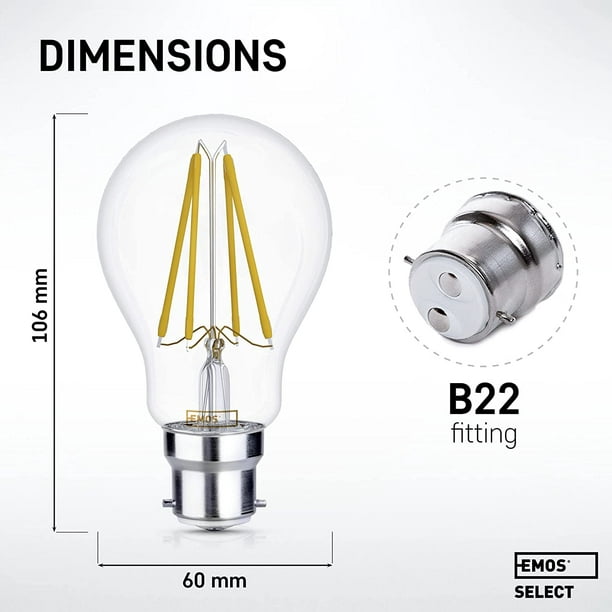 EMOS 7W Ampoule LED B22 à Filament - éclairage Blanc Chaud - Style Vintage,  25 000h de Lumière - 2700K, 806 Lumens, 230V, Bon Rendu des Couleurs - Lot  de 3 