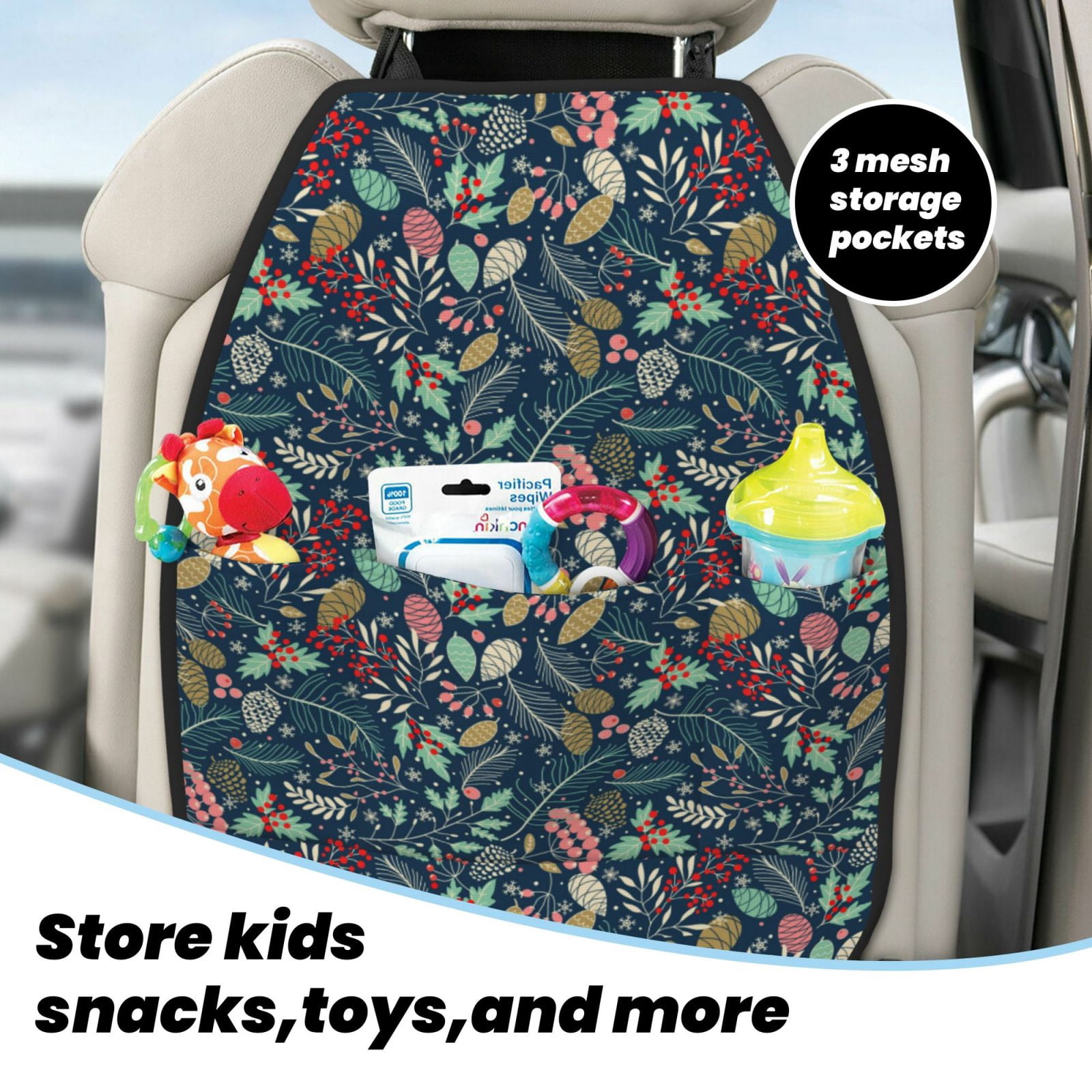Kdxio berry Nuts Leaf Print 2 Pack Car Kick Mat Seat Cover Back Protector Mat with Pockets for Organizer Backseat Protector and Storage Anti Kick Pad for Vehicles