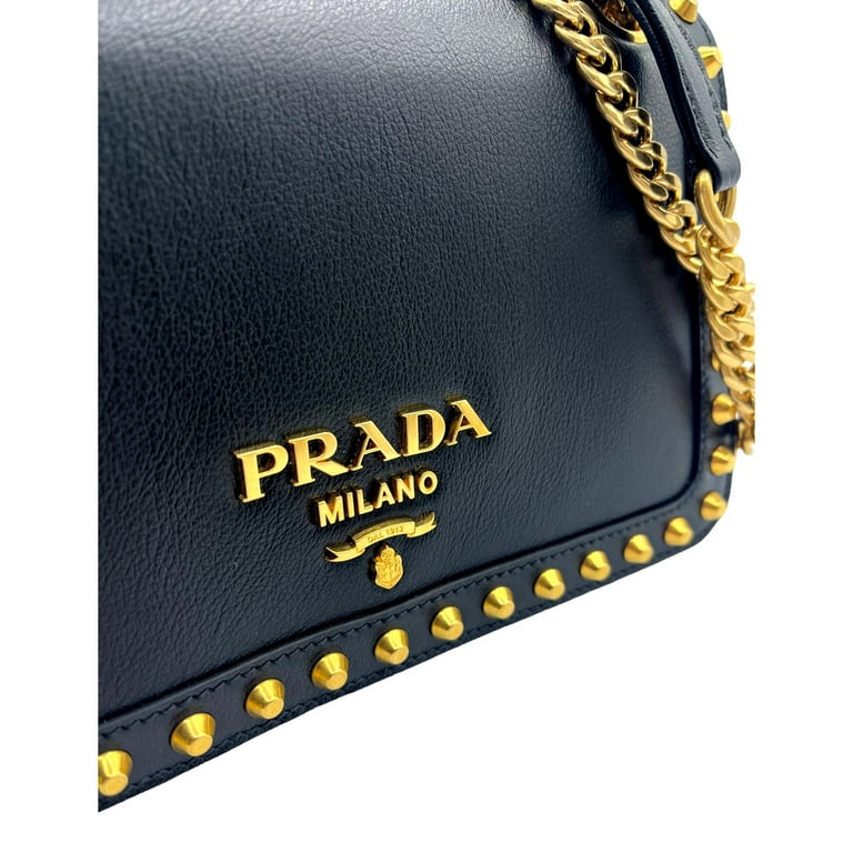 Prada Pattina Black Calf Leather Studded Flap Chain Prada Pattina Black Calf Leather Studded Flap Chain