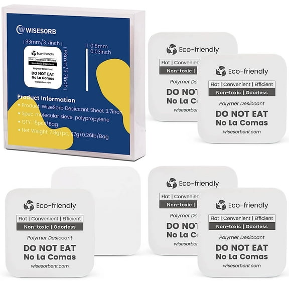 Wisesorb Desiccant Packs, 15 Pack Flat Dessicant, 3.7 x 3.7 Inch of Each Piece, Moisture Absorbers for Food Storage, Food Grade Desiccant Dehumidifier Packets