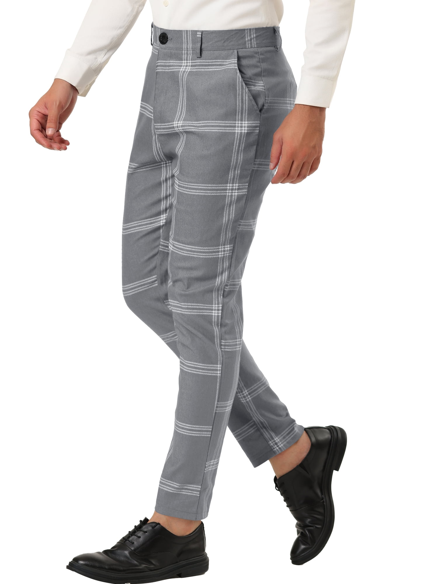 Unique Bargains Men's Business Plaid Pants Casual Slim Fit Flat Front Checked Trousers 32 Gray