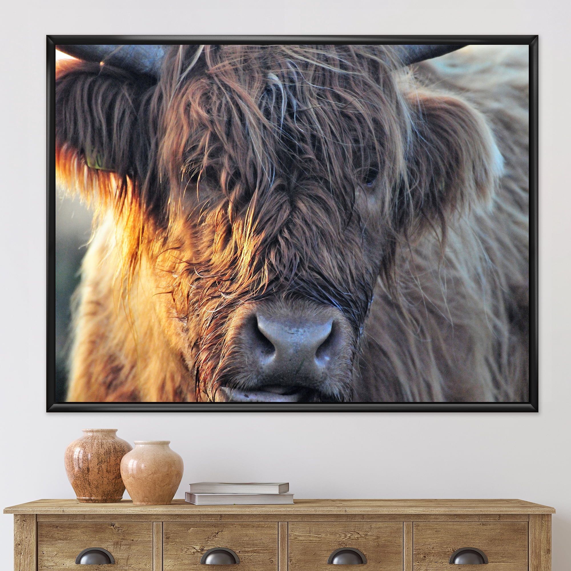 Close Up Of Scottish Cow On Moorland III 20 in x 12 in Framed Painting Canvas Art Print, by Designart
