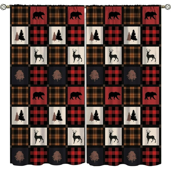 Cabin Retro Curtains Rustic Lodge Window Treatments, Bear Deer Moose Wild Animals Curtains for Living Room, Plaid Check Adventure Farmhouse Drapes 2 Panel Sets,52x84 Inch