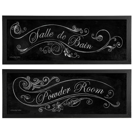 French Powder Room and Salle De Bain Black and White Chalkboard-Style Signs, Two 18X6 Black Framed Prints