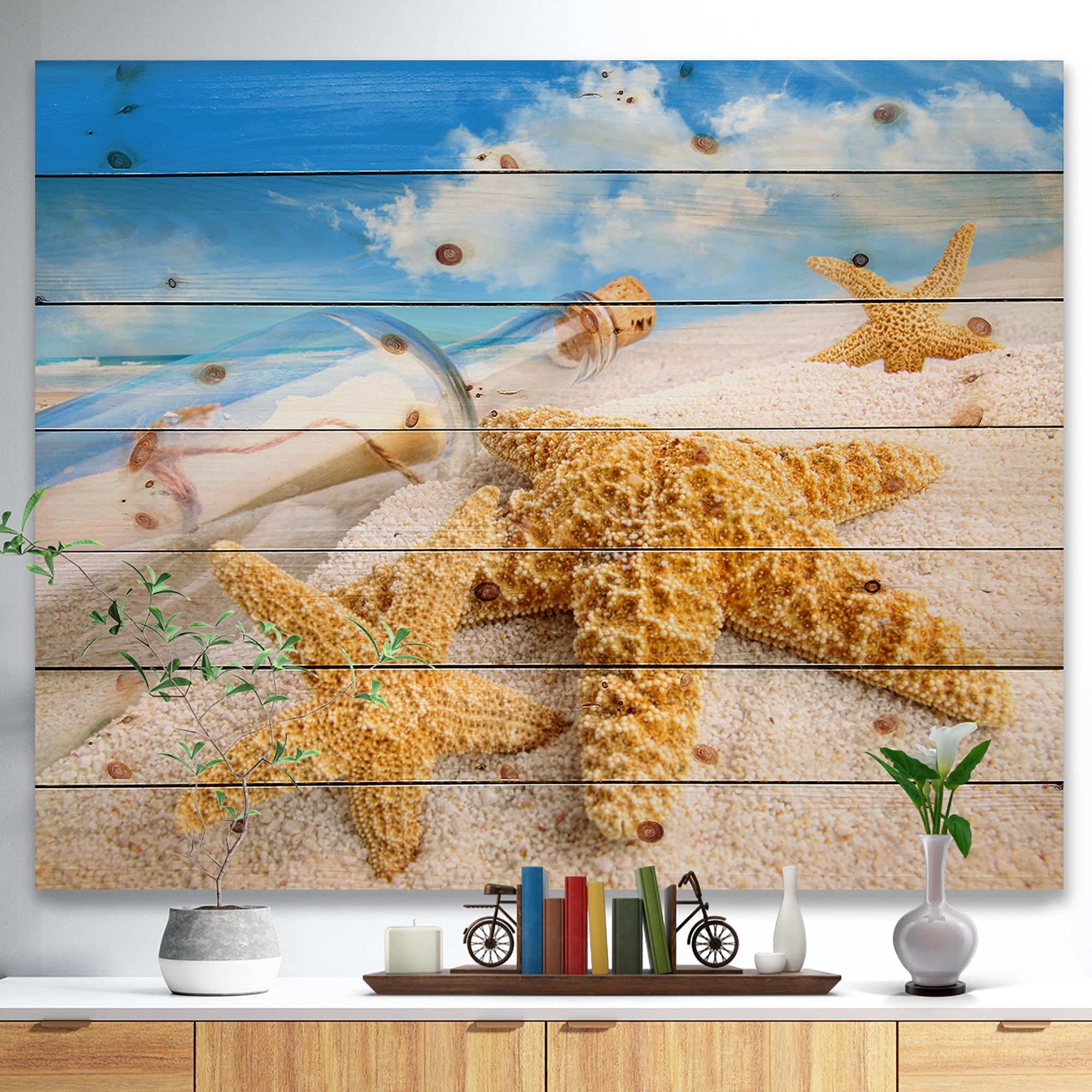 Designart 'Message in Bottle Buried in Sand' Seashore Photo Print on Natural Pine Wood