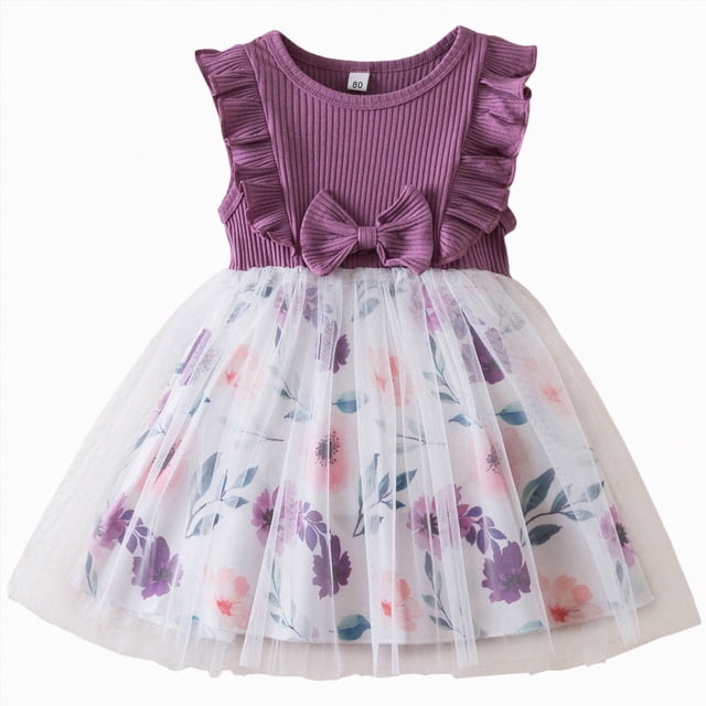 Gubotare Robe de Fête pour Tout-Petit Robe Fleurie pour Fillette Pois Manches Courtes Robe Princesse Ligne A 2T 3T (Violet,2-3 Ans)