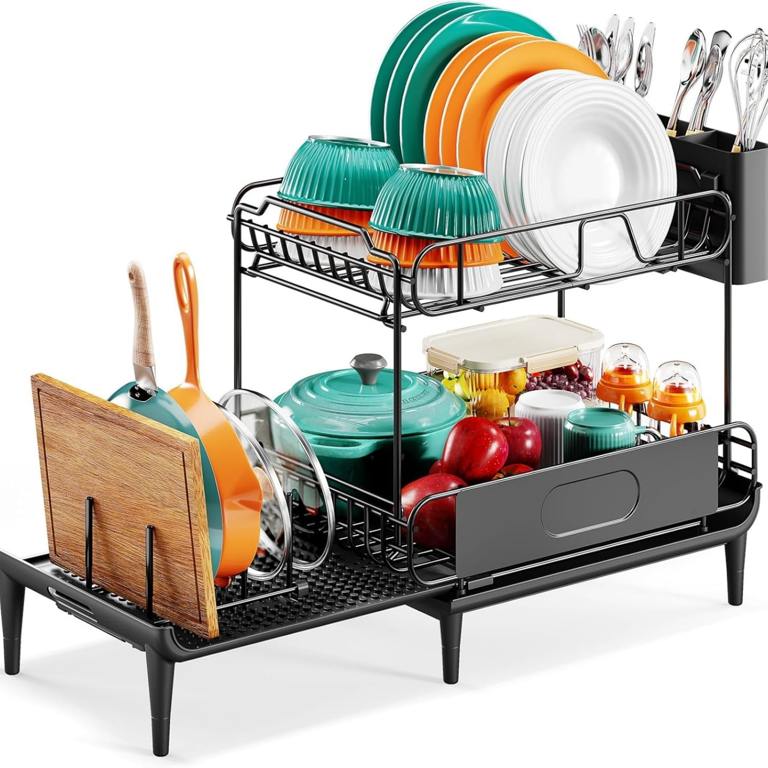 Dish Drying Rack for Kitchen Counter, Expandable 2 Tier Dish Rack, Large Capacity Dish Drainer with Drainboard Multifunctional Dish Strainer with Removable Cutlery Holder Black