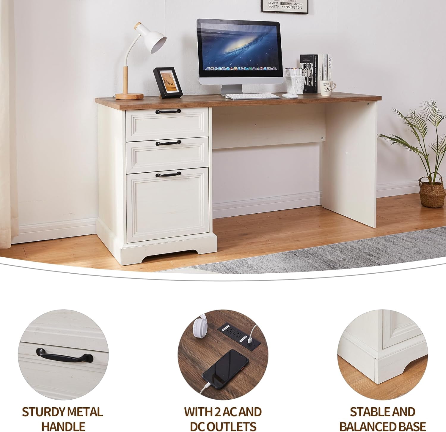 60" Farmhouse Executive Desk with Charging Station,Home Office Desk with 2 Drawers &1 File Cabinet,Wood Work Desk for Office and Home