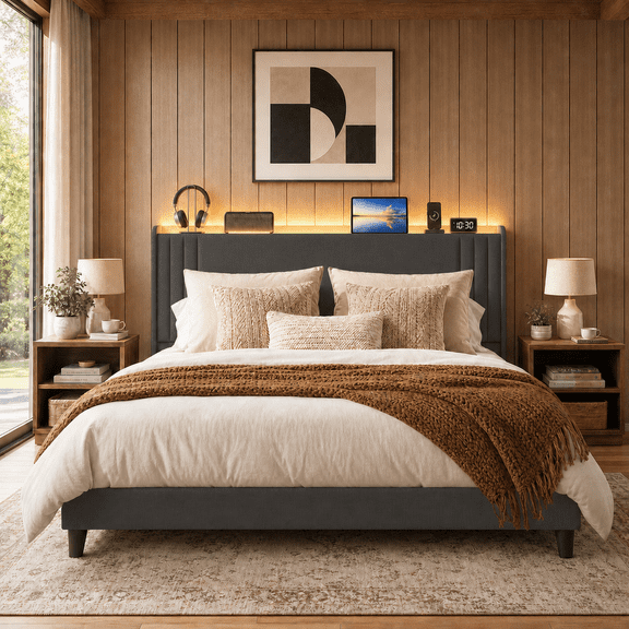 Queen Upholstered Platform Bed Frame with Charging Station & LED Lights – Wingback Headboard, Wood Slat Support, Noise-Free, No Box Spring Needed, Dark Gray