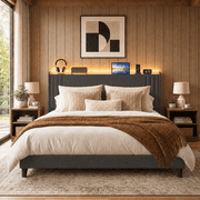 Queen Upholstered Platform Bed Frame with Charging Station & LED Lights – Wingback Headboard, Wood Slat Support, Noise-Free, No Box Spring Needed, Dark Gray
