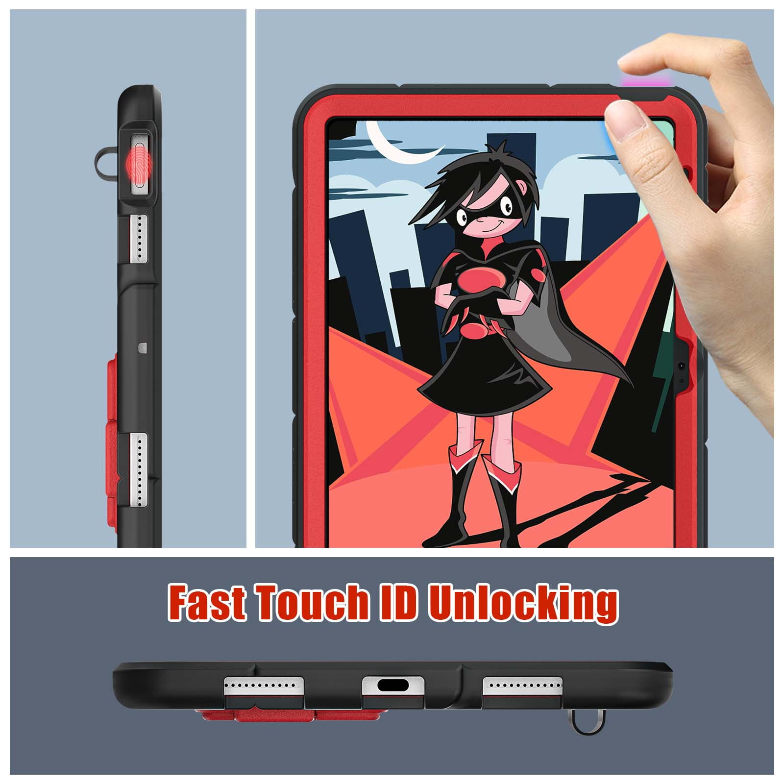 Dteck iPad 10th Generation Case iPad 10.9 Case 2022 New iPad 10th Gen Case for Kids 10.9 Inch Shockproof Protective Cover with Pencil Holder & Shoulder Strap & Kickstand for Kids Children,Black + Red