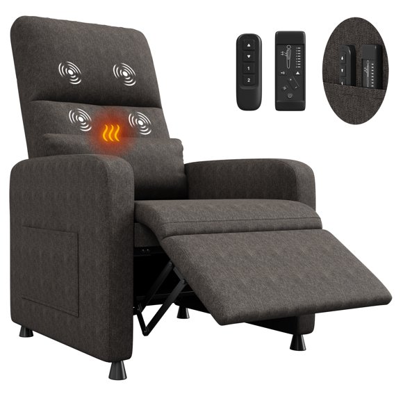 Power Recliner Chair with Massage & Heat for Living Room - Adjustable Electric Sofa - Ergonomic Tall Back, Padded Seat, Lumbar Support - Side Pockets, USB Port, Comfortable Home Theater Seating