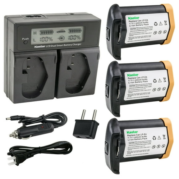 Kastar 3-Pack LPE4 Battery 11.1V 4400mAh and AC LCD Dual Fast Charger Compatible with Canon LP-E4 LPE4, US 5751B002 Battery, Canon LC-E4 LC-E4N Charger, Canon EOS 1D Mark IV, Mark 4 Camera