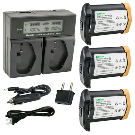 Kastar 3-Pack LPE4 Battery 11.1V 4400mAh and AC LCD Dual Fast Charger Compatible with Canon LP-E4 LPE4 US 5751B002 Battery Canon LC-E4 LC-E4N Charger Canon EOS 1D Mark IV Mark 4 Camera