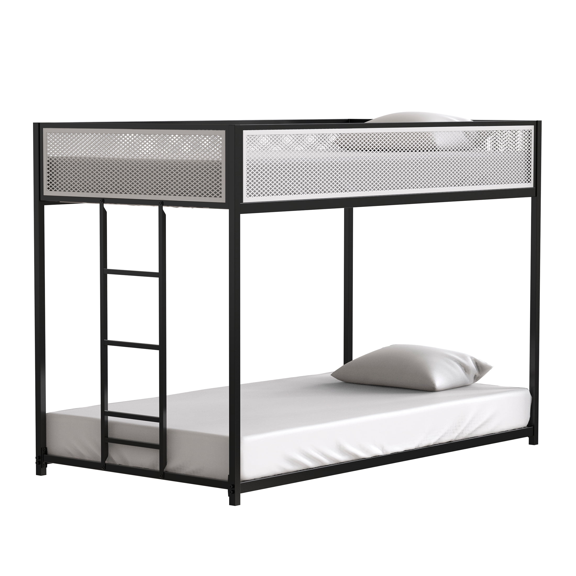 Aukfa Metal Bunk Bed, Twin over Twin Floor Bed Frame with Mesh Guardrail for Kids Teens, Black