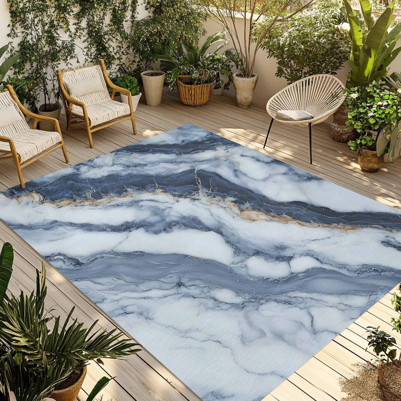 Outdoor Rug 5x8ft Ombre Blue White Marble Texture Large Area Rug Modern Art Indoor Outdoor Carpet Outdoor Rugs Mats for Patio Camping,RV,Front Door, Outside Decor