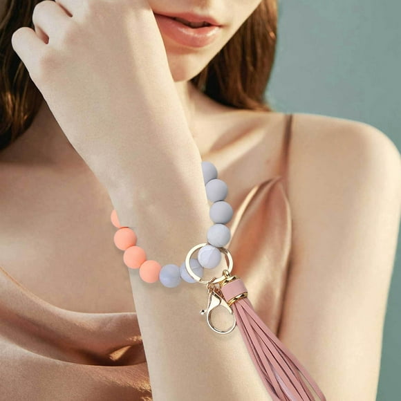 Silicone Key Chains with Beaded Bracelet Wrist Key Ring Stylish Leather Tassel Pendant for Collectors and Fashion Enthusiasts