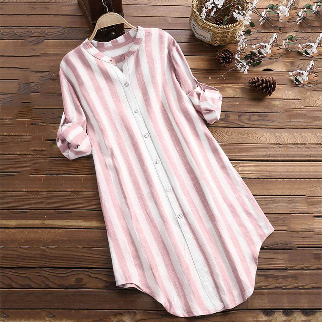 Women's Popular Mid-length Blouse Fashion Striped Long-sleeved Button Big Shirts