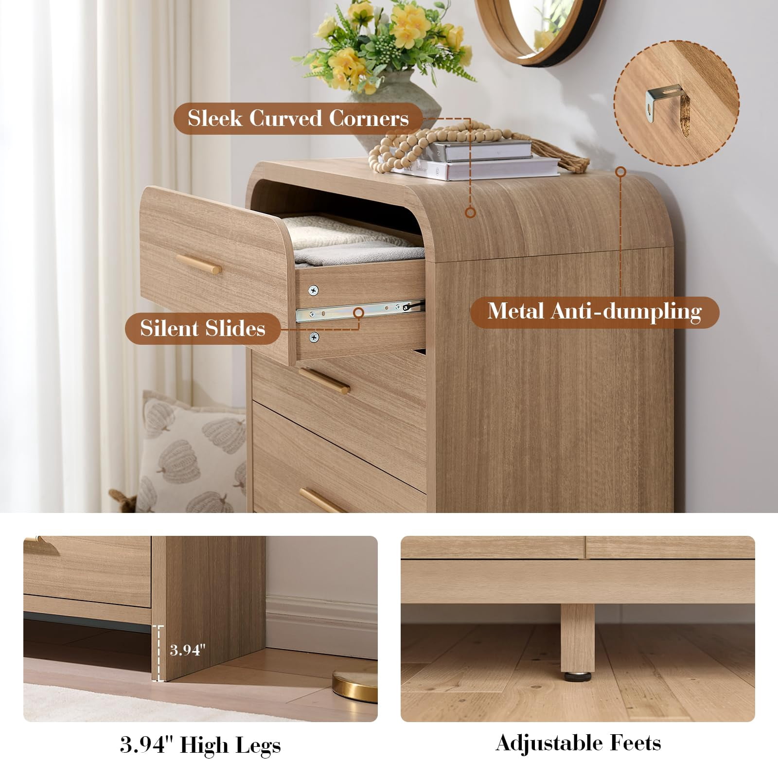Vintagearth 5 Drawers Dresser for Bedroom, Curved 45.6" Tall FSC-certified Wood 1.18" Thick Board Dressers & Chests of Drawers for  Living Room, Hallway, Entryway, Oak